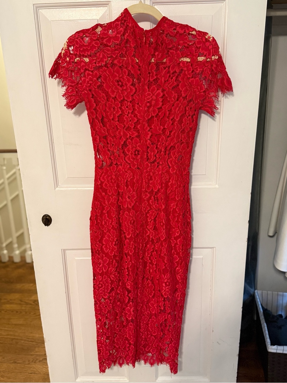 Alexis Red Lace Midi Dress with High Neck